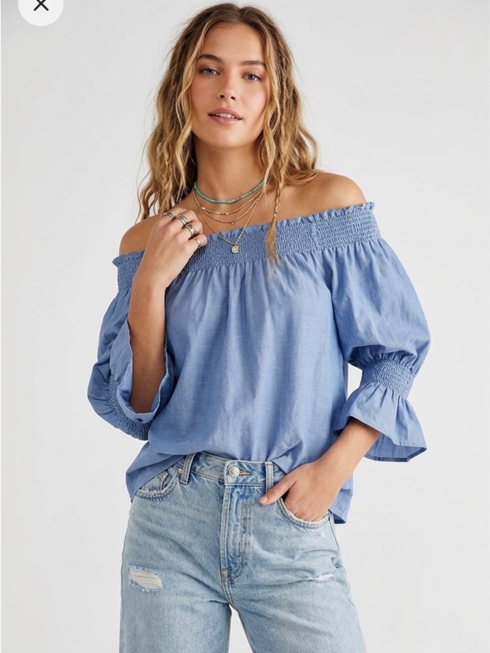 7 FOR ALL MANKIND Silk Off Shoulder Smock Top Blue Size XS Bohemian Cottagecore